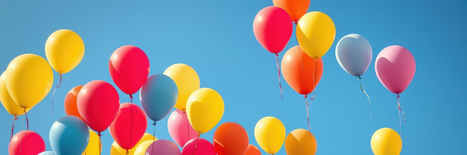 Colorful balloons floating against a bright blue sky during a festive outdoor celebration at midday